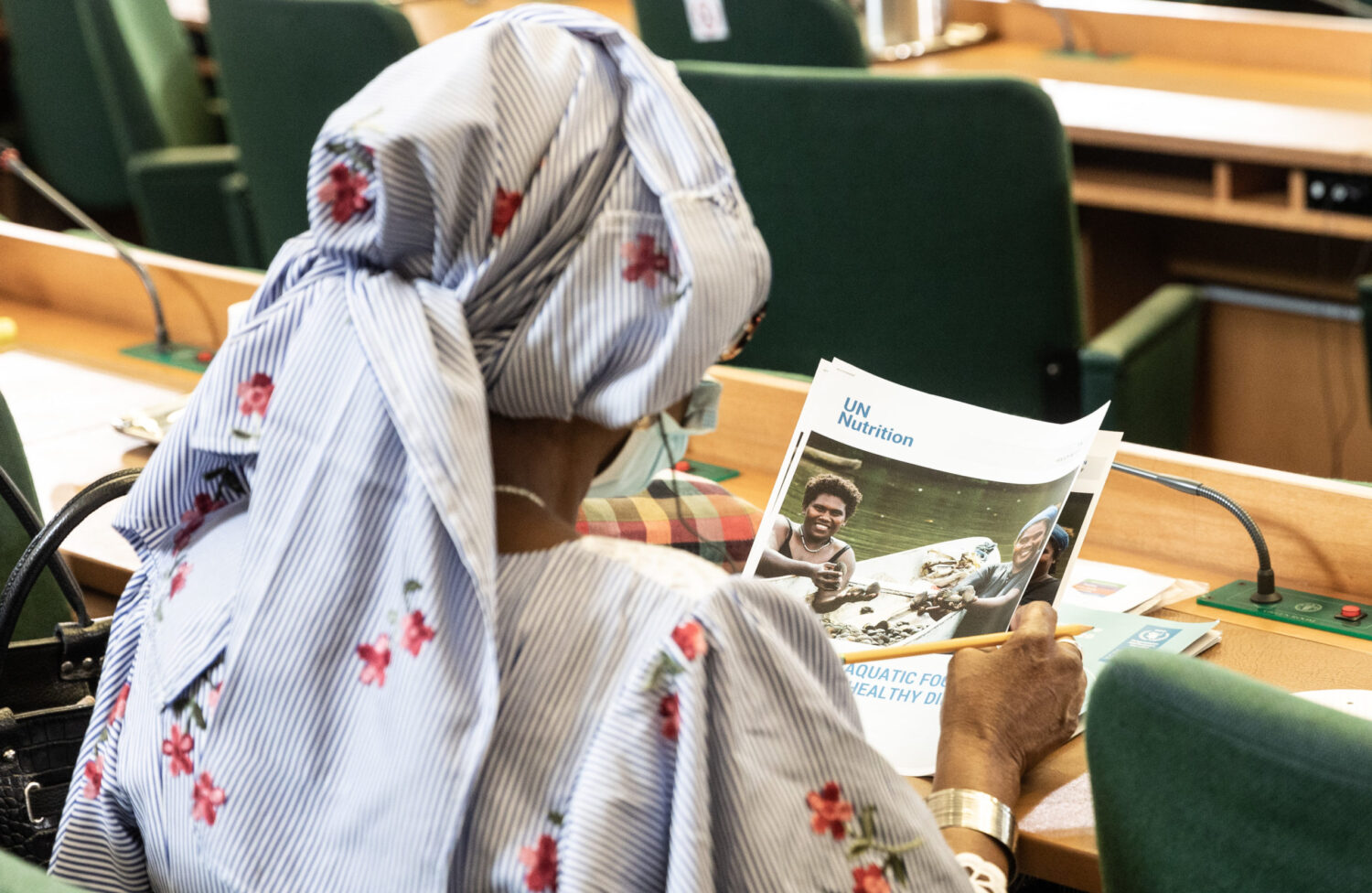 Lady reads a booklet titled UN nutrition.