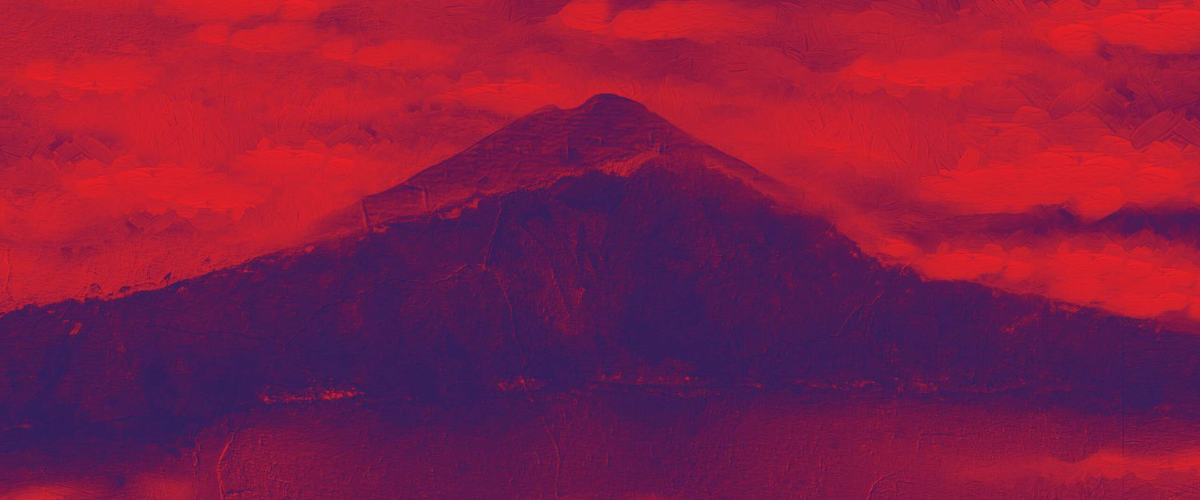 Watercolor-like image of dark purple mountain shaded by red clouds.