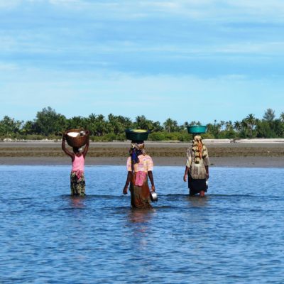 Three women in Mozambique walk through the shallow water carrying buckets of fish on their heads.