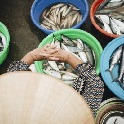 Woman at fish market with bowls of fish.