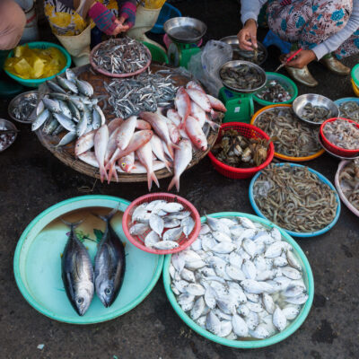 Women are selling seafood at the wet market