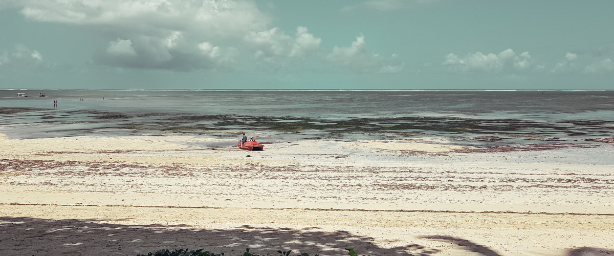 A fisher rests on a small red boat pictured on a vast sandy beach in Africa.