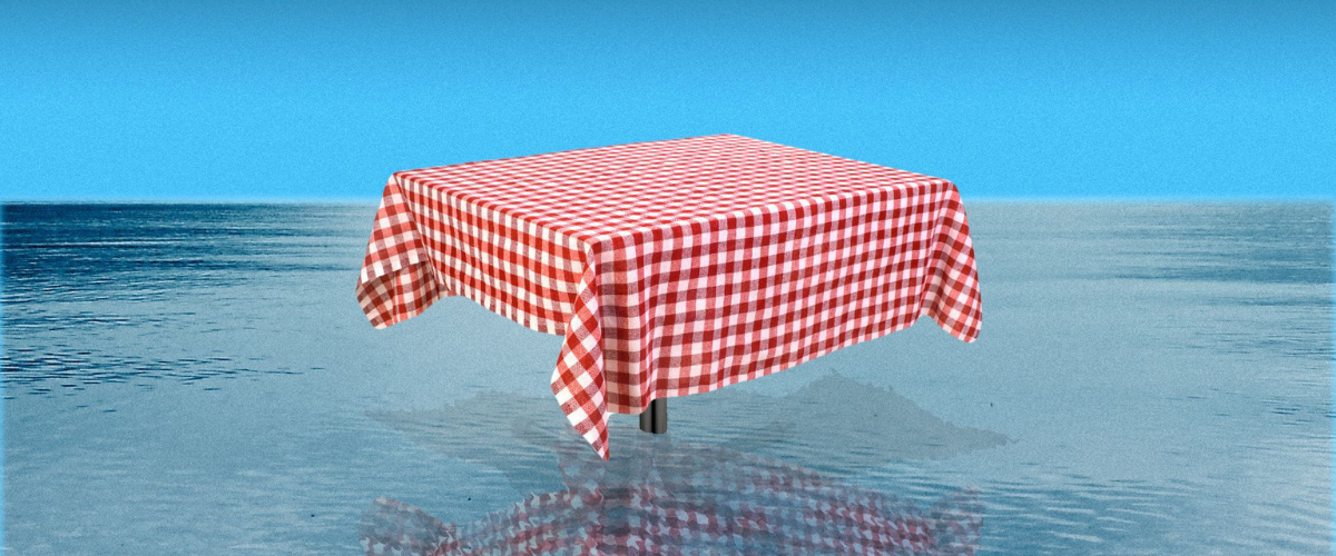 Graphic of a dining table floating over the ocean.