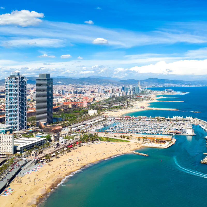 Barcelona, Spain aerial panorama Somorrostro beach, top view central district cityscape outdoor catalonia skyline