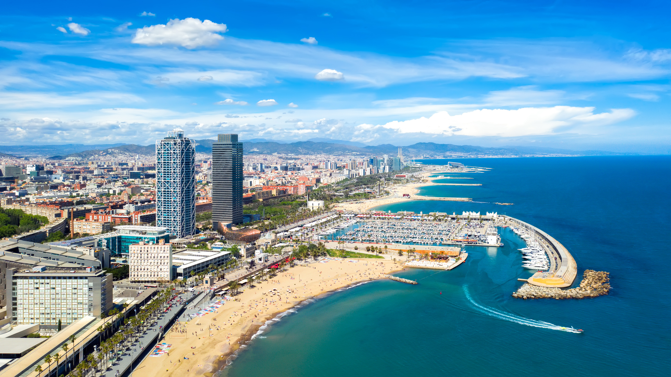 Barcelona, Spain aerial panorama Somorrostro beach, top view central district cityscape outdoor catalonia skyline