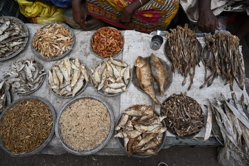 Ladies sit on the floor selling small plates of different dried fish.
